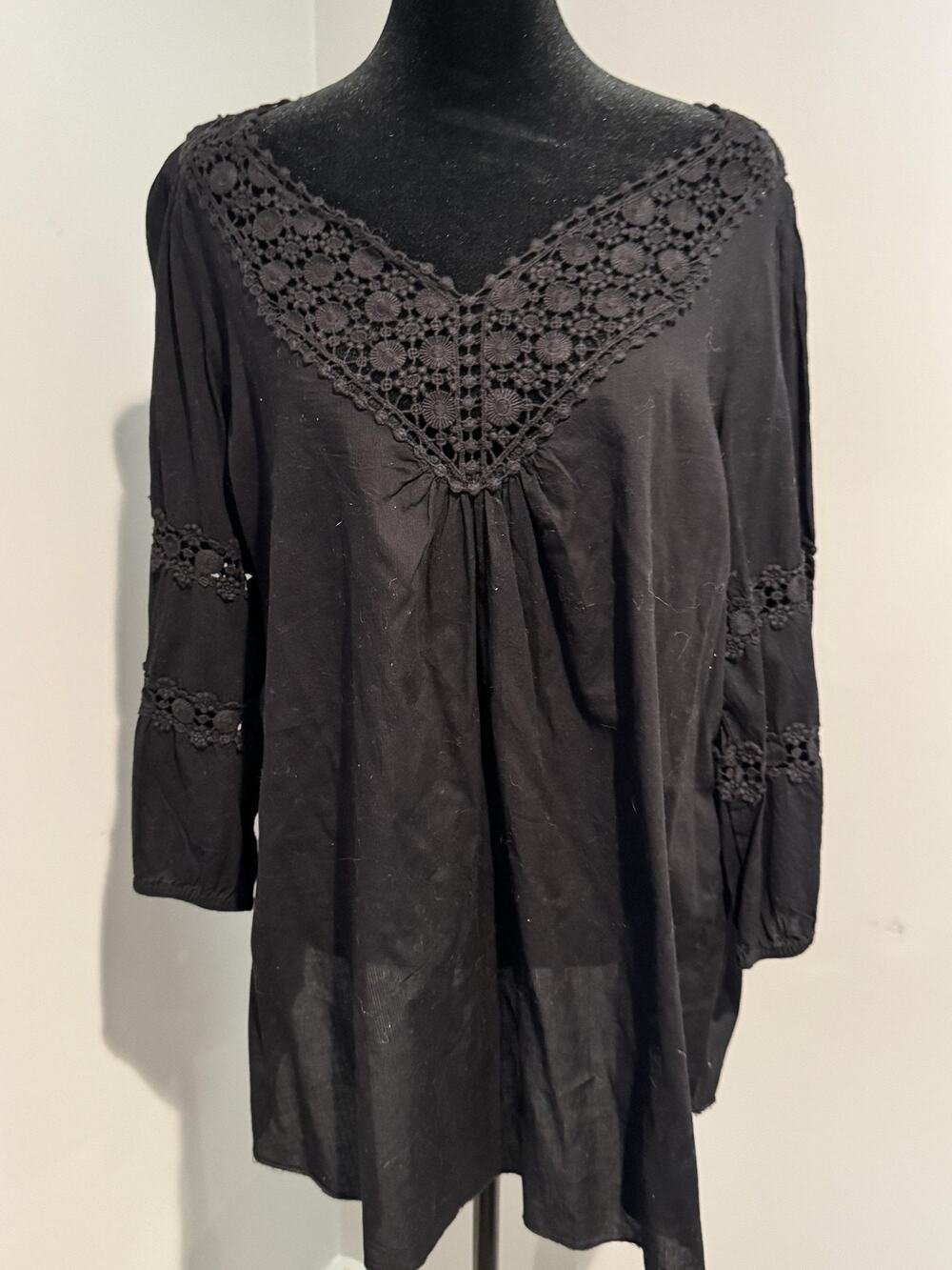 Lifestyle Tunic Blouse Sz XL Black Crochet V Neck 3/4 Sleeve Boho Top Witchy